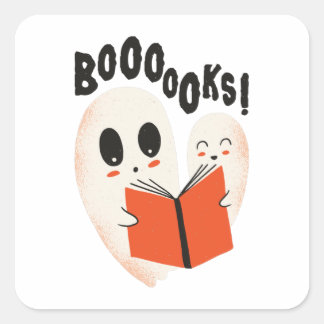 Pegatina Cuadrada Libros Fantasma leyendo Halloween