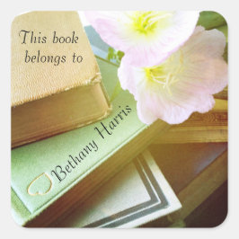 Pegatina Cuadrada Libros y flores