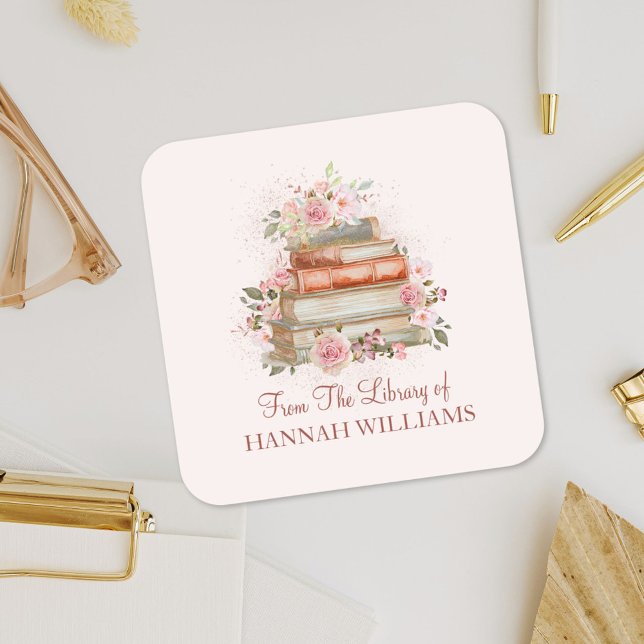 Pegatina Cuadrada Libros y libros de rosas rosadas antiguas (In situ)