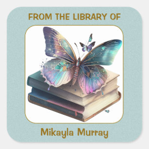 Pegatina Cuadrada Libros y mariposas