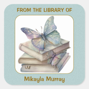 Pegatina Cuadrada Libros y mariposas