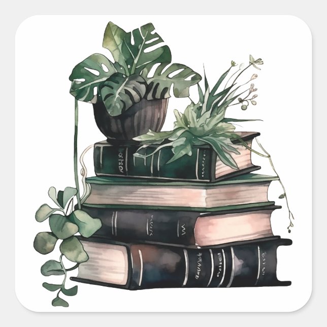 Pegatina Cuadrada Libros y plantas de la academia ecológica (Anverso)
