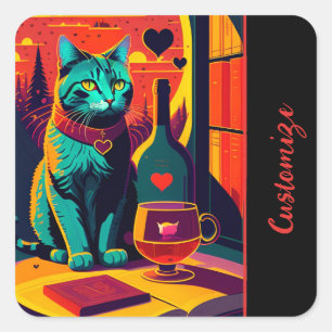 Pegatina Cuadrada Libros Y Vinos Personalizados De Gatos De Atardece