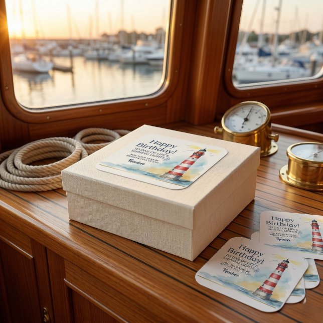 Pegatina Cuadrada Lighthouse Birthday Shining Light (Seal it with coastal style)