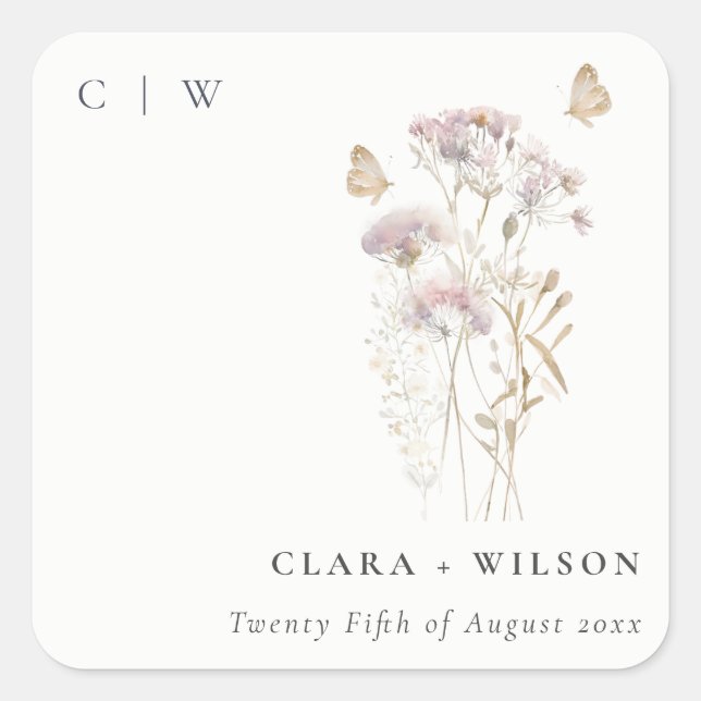 Pegatina Cuadrada Lilac Boho Wildflower Fern Boda Botánico (Anverso)