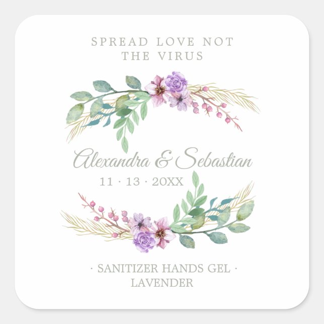 Pegatina Cuadrada Lilac Floral Wreath Wedding Sanitizer Hand Gel (Anverso)