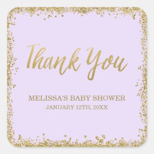 Pegatina Cuadrada Lilac Purple Gold Purpurina Baby Shower Gracias