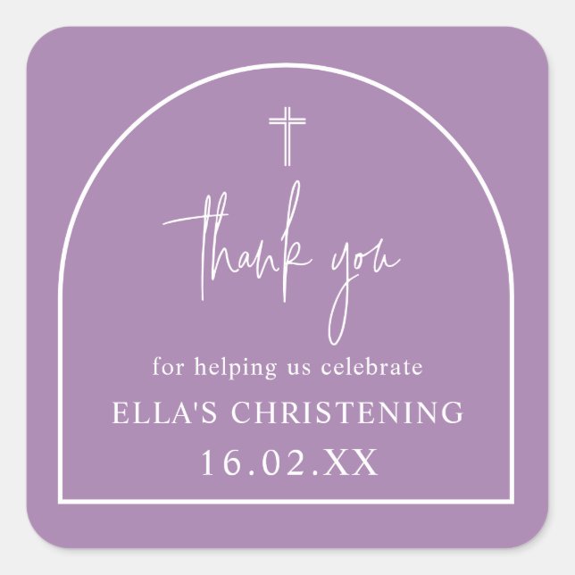 Pegatina Cuadrada Lilac Purple Modern Arch Minimalist Christening (Anverso)