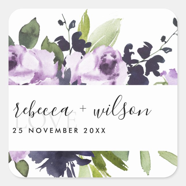 PEGATINA CUADRADA LILAC PURPLE ROSA PEONY FLORAL BUNCH LOVE BODA (Anverso)
