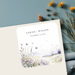 Pegatina Cuadrada Lilac Wildflower Boda paisajístico de campo de mar