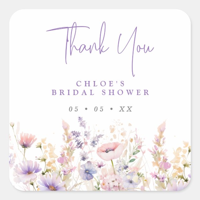 Pegatina Cuadrada Lilac Wildflowers Gracias Bridal Shower Favor (Anverso)