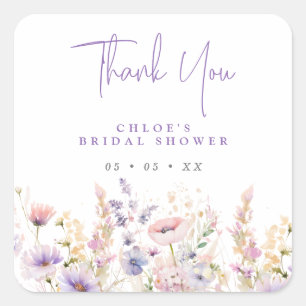 Pegatina Cuadrada Lilac Wildflowers Gracias Bridal Shower Favor