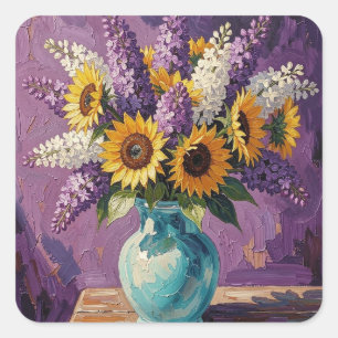 Pegatina Cuadrada Lilas y Girasoles Diseño Botánico