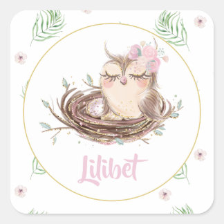 Pegatina Cuadrada Lilibet Owl Baby Shower