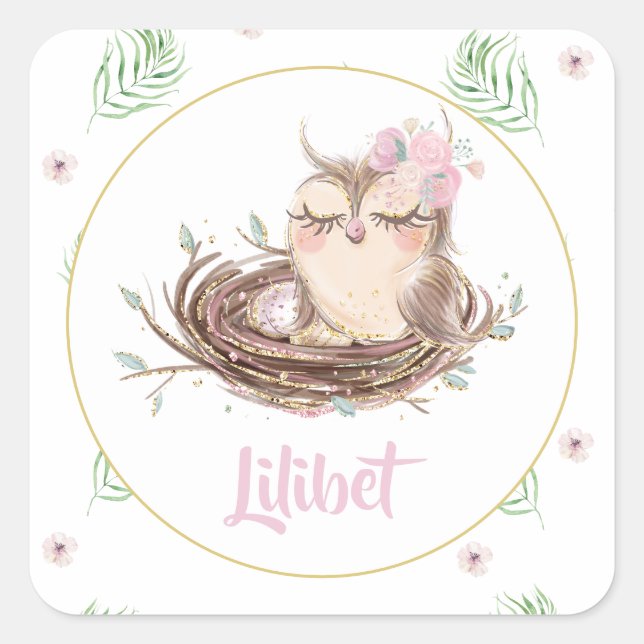 Pegatina Cuadrada Lilibet Owl Baby Shower (Anverso)