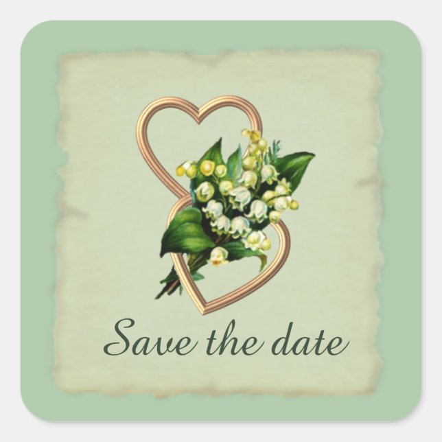 Pegatina Cuadrada Lily of the Valley Hearts Save the Date (Anverso)