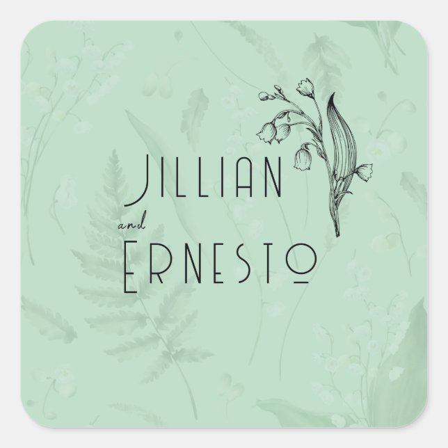Pegatina Cuadrada Lily of Valley con Ferns || Verde suave con gráfic (Anverso)