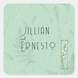 Pegatina Cuadrada Lily of Valley con Ferns || Verde suave con gráfic