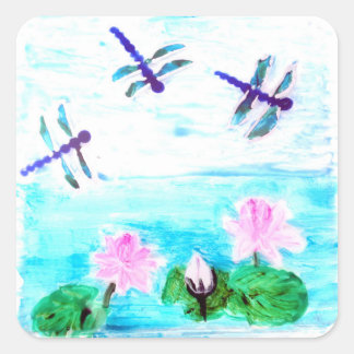 Pegatina Cuadrada Lily Pond Painting Dragonfly