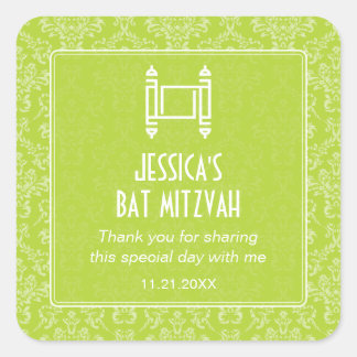 Pegatina Cuadrada Lime Green Damask Torah Bat Mitzvah