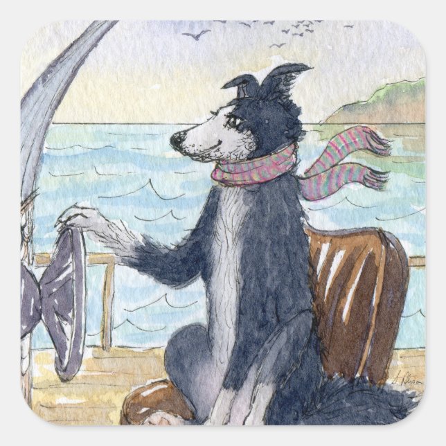Pegatina Cuadrada Límite de perro de Collie que rodea las olas en el (Anverso)