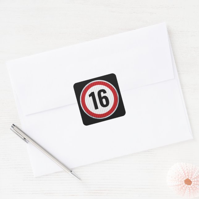 Pegatina Cuadrada Límite de velocidad cumpleaños 16  (Sobre)