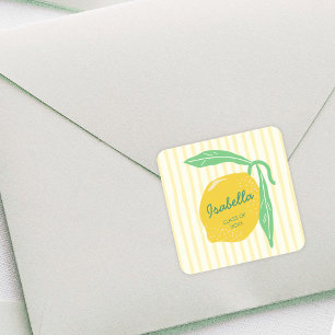 Pegatina Cuadrada Limón Cítrico Amarillo y Verde Fresco Graduación