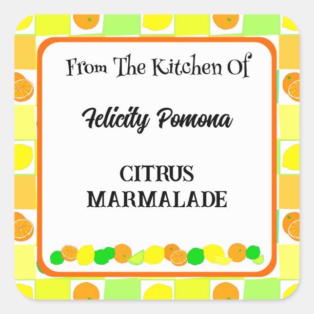 Pegatina Cuadrada Limón, Lima y Naranjas Frutas Cítricas Editable (Anverso)