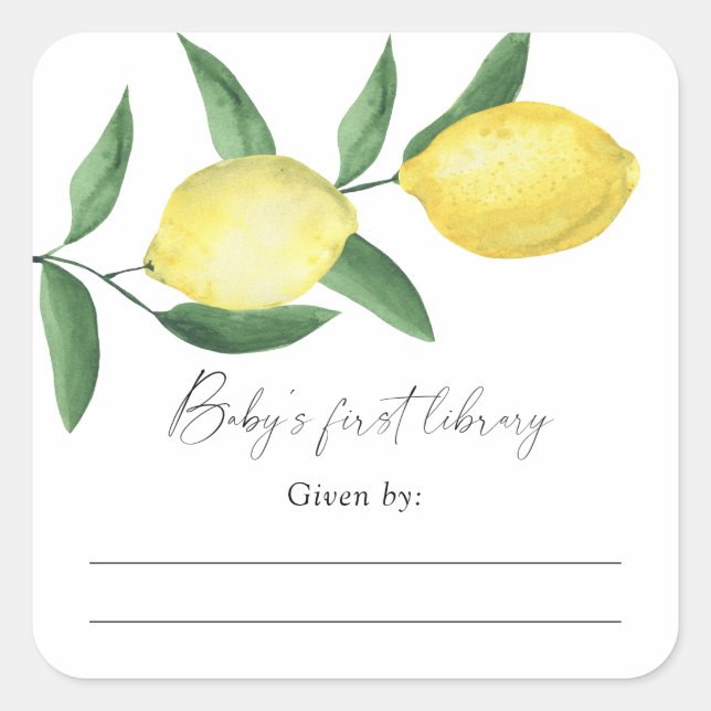 Pegatina Cuadrada Limon - Tarjeta de biblioteca para baby shower, li (Anverso)