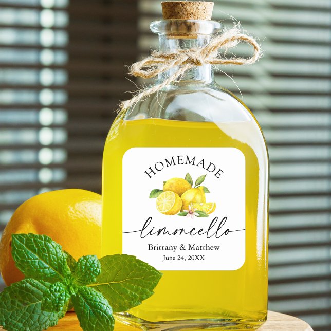 Pegatina Cuadrada Limoncello casero caligrafía acuarela lemones (Customize to change your personalized text size or text style.)