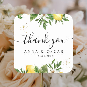 Pegatina Cuadrada Limones Amarillos & Hoja Acuarela Moderna 