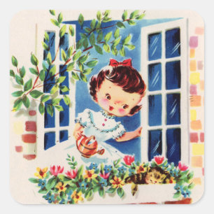 Pegatina Cuadrada Linda chica retro vintage regando flores