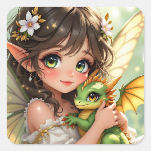 Pegatina Cuadrada Linda hada de anime y dragón chibi 