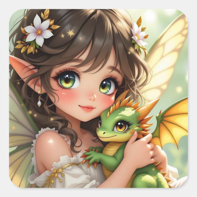 Pegatina Cuadrada Linda hada de anime y dragón chibi  (Anverso)