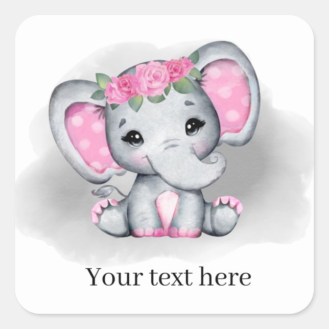 Pegatina Cuadrada linda niña elefante agregar texto a cualquier prop (Anverso)