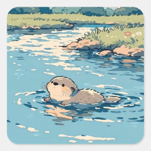 Pegatina Cuadrada Linda Nutria Nadando en el Río Soleado