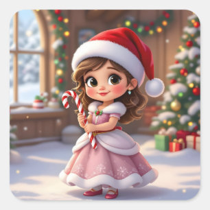 Pegatina Cuadrada Linda princesita con sombrero de Navidad