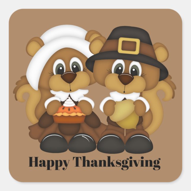 Pegatina Cuadrada lindas ardillas de peregrino de Acción de Gracias (Anverso)