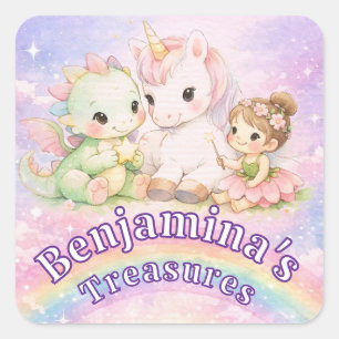 Pegatina Cuadrada Lindo Arcoíris Unicornio Dragón Hada Fantasía