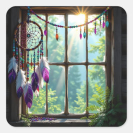 Pegatina Cuadrada Lindo atrapasueños boho púrpura en la ventana