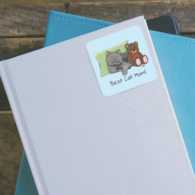 Pegatina Cuadrada Lindo Azul Adorable Gris Mejor Mamá Gata Día de la (Subido por el creador)