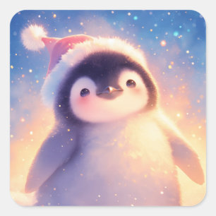 Pegatina Cuadrada Lindo Bebé Pingüino con Sombrero Rojo de Santa