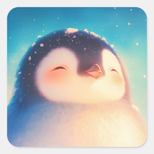 Pegatina Cuadrada Lindo bebé pingüino sonriendo en un cielo azul ilu