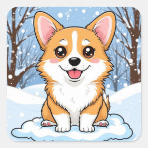 Pegatina Cuadrada Lindo cachorro Corgi sentado en una escena inverna
