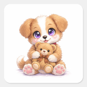 Pegatina Cuadrada Lindo cachorro sosteniendo un oso de peluche cuadr