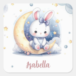 Pegatina Cuadrada lindo conejito sentado en la luna