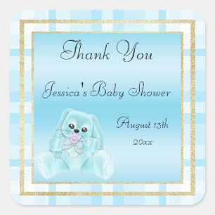 Pegatina Cuadrada Lindo conejo azul bebé agradecimiento Baby Shower