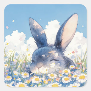 Pegatina Cuadrada Lindo conejo azul durmiendo en la flor blanca de m