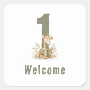 Pegatina Cuadrada Lindo Cumpleaños 1 jirafa verde salvia Bienvenido
