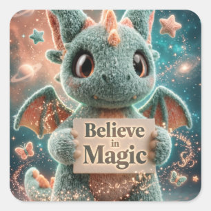 Pegatina Cuadrada Lindo dragón de peluche de fantasía que sostiene C